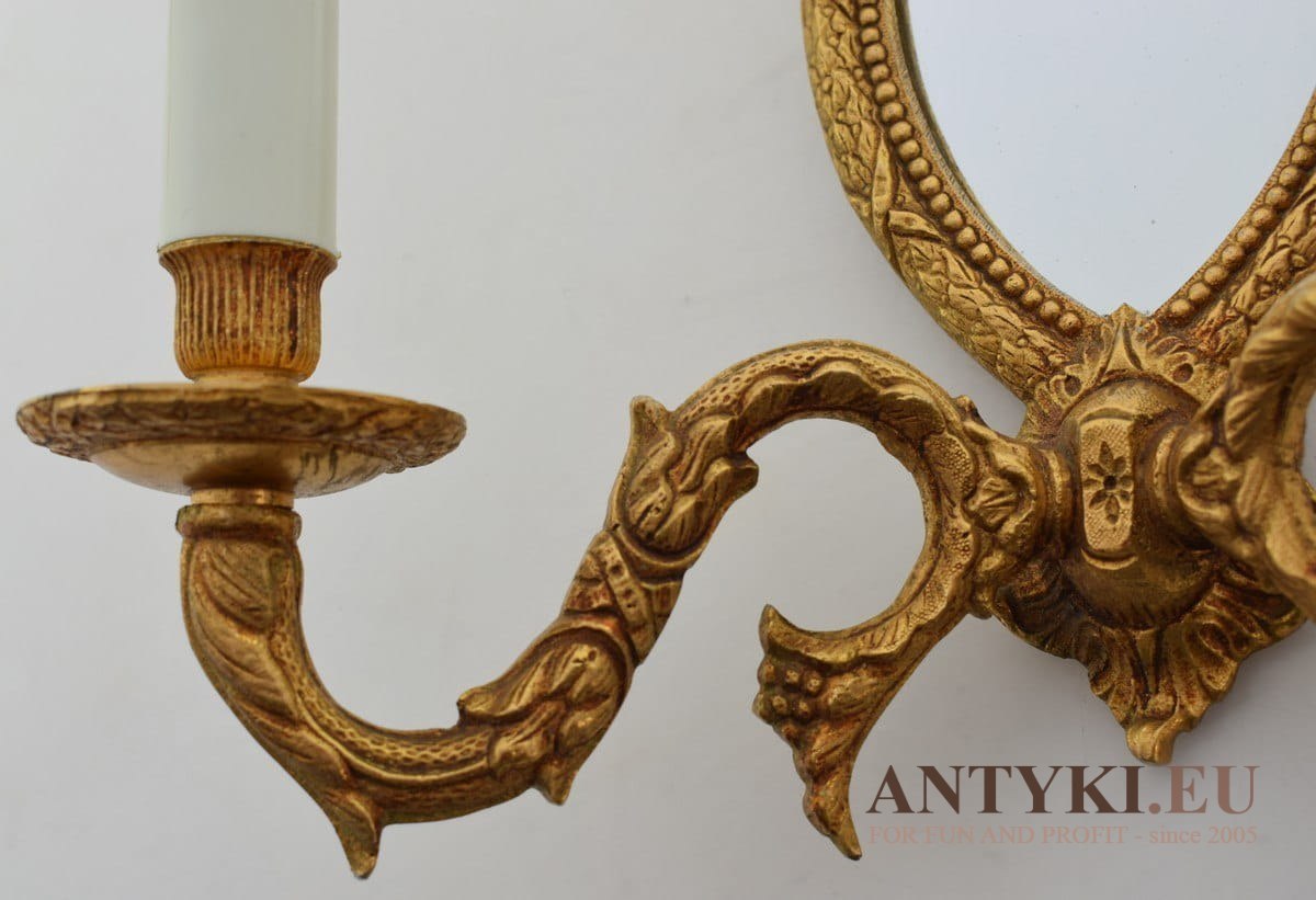 2 złote kinkiety z lusterkami salonowe lampki zabytkowe do stylowego wnętrza antyki i oświetlenie
