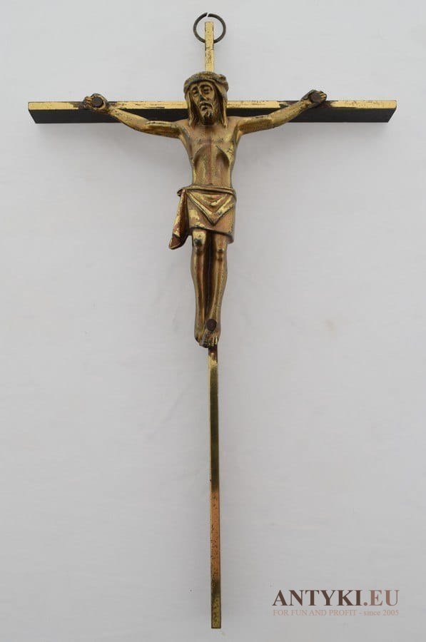 Antyczny krzyżyk ścienny z Jezusem Chrystusem krucyfix zabytkowy INRI