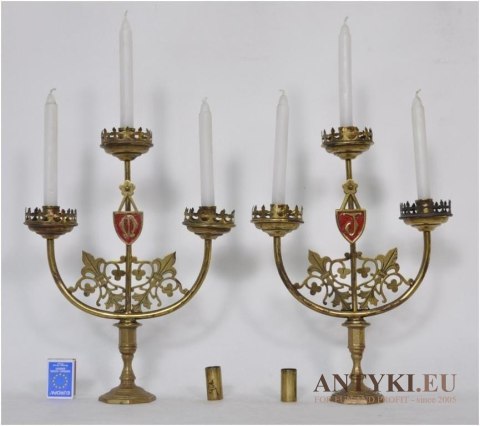 Antyk secesja kościelne świeczniki symbole JEZUS i MARYJA