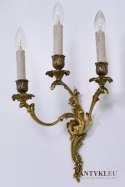 Barokowy kinkiet trójramienny zabytkowy. Złota lampa ścienna barok rokoko. Starocie.
