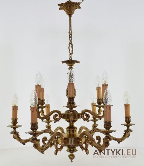 Bogaty żyrandol pałacowy. Stylowy chandelier mosiężny 12 ramienny. Antyki zamkowe.