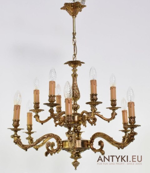 Bogaty żyrandol pałacowy. Stylowy chandelier mosiężny 12 ramienny. Antyki zamkowe.