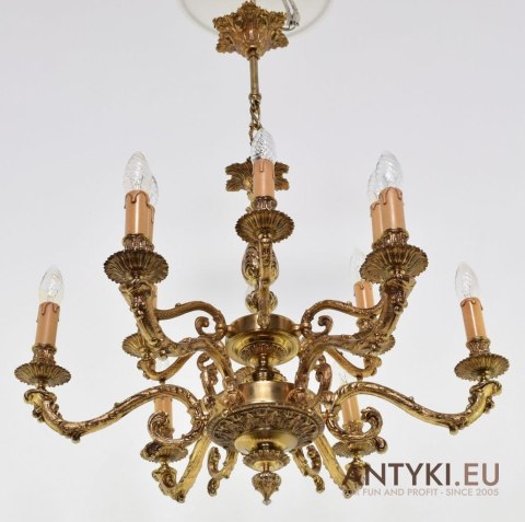 Bogaty żyrandol pałacowy. Stylowy chandelier mosiężny 12 ramienny. Antyki zamkowe.