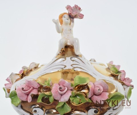 Unikatowa lampa ceramiczna stołowa lampion latarnia z amorami anioły cherubinki