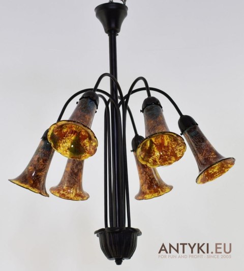 Zabytkowy żyrandol Emile Galle. Klosze bursztynowe. Antyk, Art Nouveau, Jugendstil, Secesja