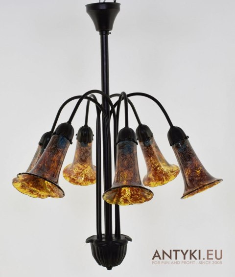 Zabytkowy żyrandol Emile Galle. Klosze bursztynowe. Antyk, Art Nouveau, Jugendstil, Secesja