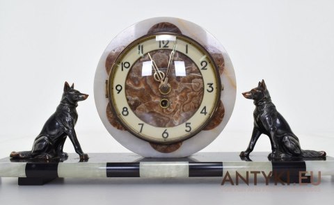 Zegar kominkowy Art Deco z przystawkami Fifgurki owczarków antyk do salonu TEDD