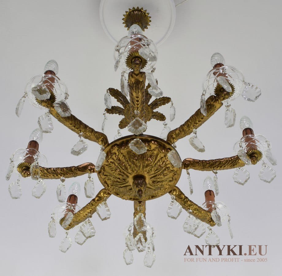 Złoty żyrandol z kryształami zabytkowy chandelier do sypialni lub salonu prawdziwy antyk