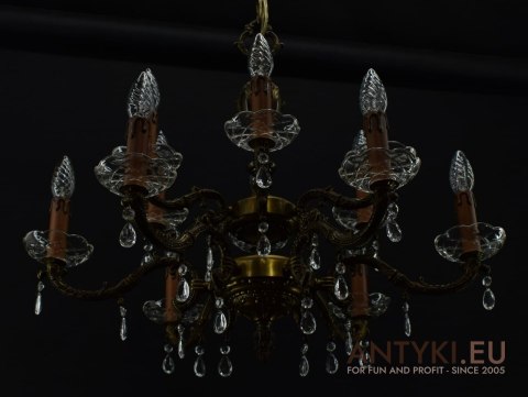 12 ramienny antyczny pałacowy żyrandol z brązu z kryształami.