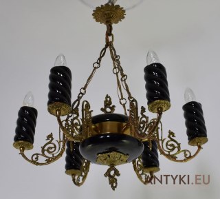 Duży granatowy żyrandol mosiężny w stylu retro, vintage. Lampy antyki.