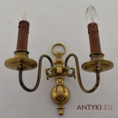 Mosiężne kinkiety dwuramienne w stylu retro vintage. Lampy antyki.