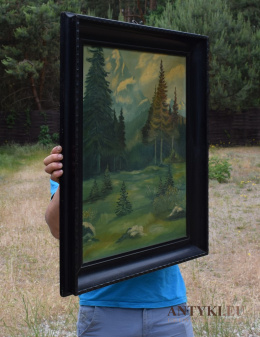 Duży antyczny obraz pejzaż w ciemnych drewnianych ramach z 1900 roku.