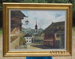 Stary obraz góralskiego miasteczka na zachodzie europy.