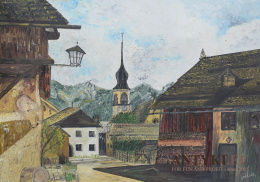 Stary obraz góralskiego miasteczka na zachodzie europy.