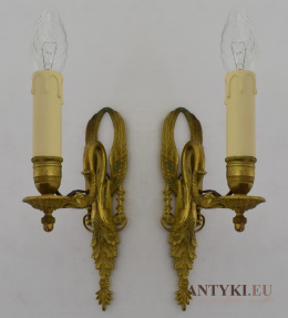 2 antyczne kinkiety secesyjne z żurawiami. Muzealne lampki vintage.