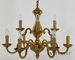 9 ramienny żyrandol mosiężny pałacowy w stylu vintage. Antyki lampy.