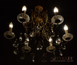 XL! Duży retro mosiężny żyrandol z kryształami - antyczne lampy