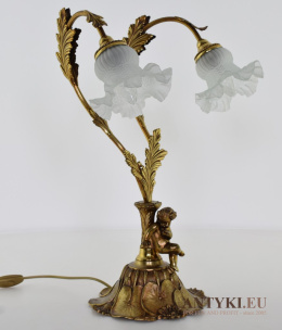 Antyczna, stołowa mosiężna lampa barokowa z kloszami. Cudne lampy pałacowe.