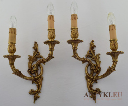 Antyk - złote kinkiety barokowe z brązu. Sygnowane lampy ścienne rococo.