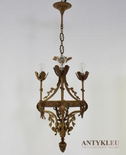XL duży pałacowy żyrandol mosiężny z połowy XX wieku. Antyczne lampy