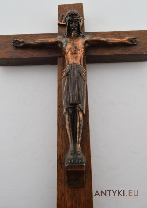 INRI Krzyż łaciński z Jezusem Chrystusem zabytkowy krucyfiks antyczny art deco