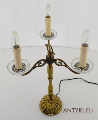 XL! WYSOKA! Majestatyczna Lampa Stołowa 3-Ramienna z Mosiądzu i Kryształowymi Akcentami
