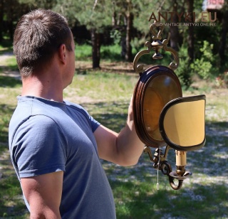 XL! Duży zabytkowy kinkiet ścienny w stylu Ludwikowskim z Francji – mosiądz, drewno i unikatowy abażur