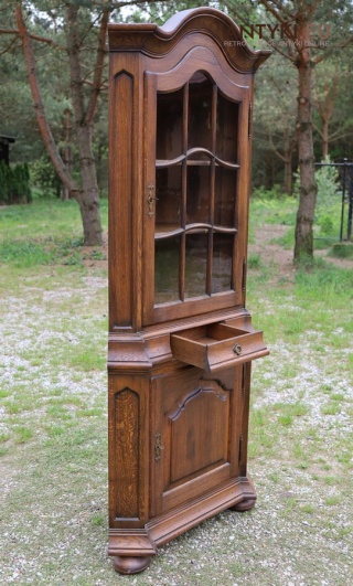 Rogowa witryna w stylu Ludwikowskim – dębowa biblioteczka z Francji z przeszklonymi drzwiami
