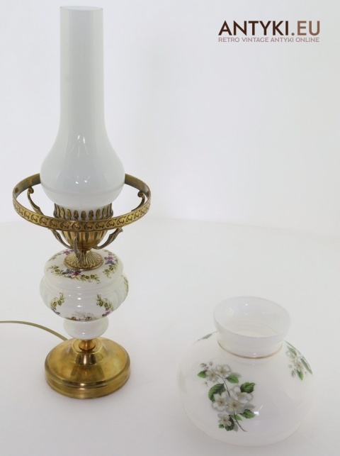 antyk lampa stołowa z mosiądzu i porcelany