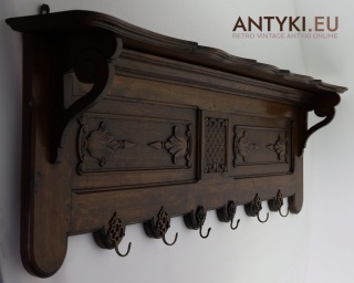 XXL! DUŻY! Eklektyczny wieszak ścienny z początku XX wieku – rzeźbione drewno i mosiężne haki
