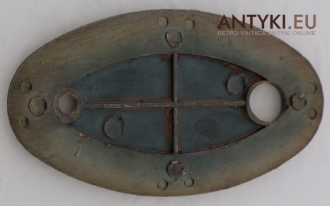 Antyczna kołatka z głową lwa i wizjerem – kompletna, w idealnym stanie vintage