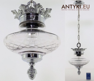 Antyczna lampa sufitowa z kryształem – srebrny zwis vintage z lat 70.