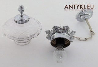 Antyczna lampa sufitowa z kryształem – srebrny zwis vintage z lat 70.