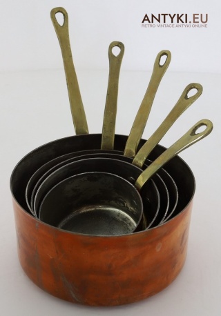 Antyczne rondelki, garnki miedziane z epoki – dekoracyjny komplet kuchenny retro/vintage