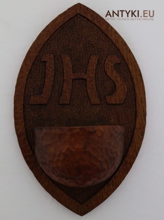 Aspersorium - Antyczna kropielniczka drewniana – symbol IHS, naczynie na wodę święconą