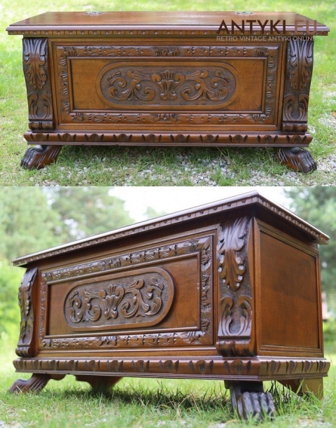 rzeżbiona drewniana skrzynia vintage