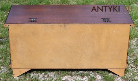 Drewniana skrzynia rzeźbiona w stylu rustykalnym – kufer vintage z motywem roślinnym i lwich łap