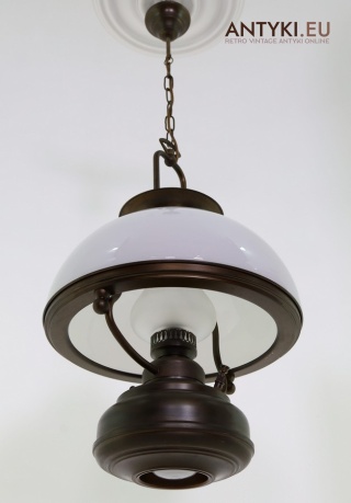 Dwupunktowa stylowa lampa sufitowa retro z mosiądzu z lat 70. z mlecznym kloszem