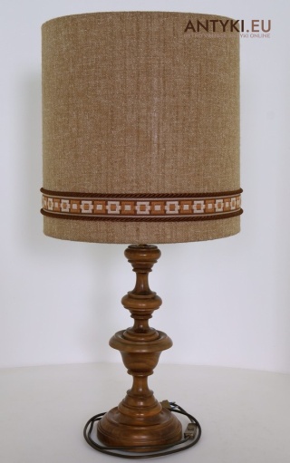 XL! DUŻA! Lampa stołowa retro – drewniana podstawa i materiałowy abażur cylindryczny