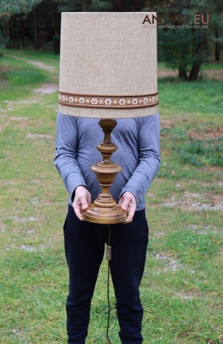 XL! DUŻA! Lampa stołowa retro – drewniana podstawa i materiałowy abażur cylindryczny