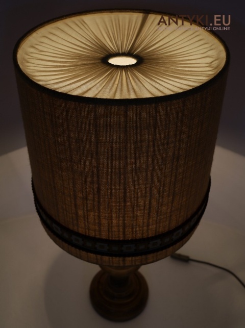 XL! DUŻA! Lampa stołowa retro – drewniana podstawa i materiałowy abażur cylindryczny