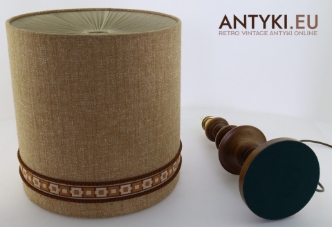 XL! DUŻA! Lampa stołowa retro – drewniana podstawa i materiałowy abażur cylindryczny