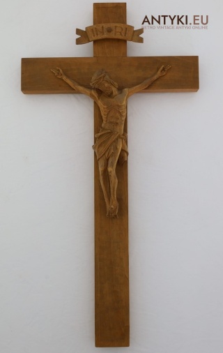 XL! DUŻY! Antyczny krzyż drewniany z Jezusem Chrystusem – rzeźba sakralna z epoki vintage
