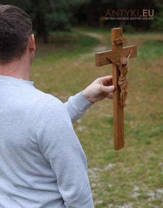 XL! DUŻY! Antyczny krzyż drewniany z Jezusem Chrystusem – rzeźba sakralna z epoki vintage