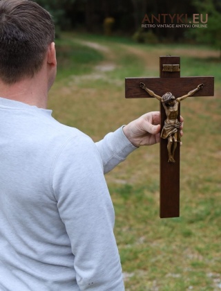 XL! DUŻY! Antyczny krzyż z Jezusem Chrystusem – drewniana rzeźba z epoki vintage