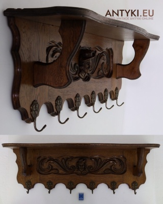 XL! DUŻY! Drewniany wieszak retro z rzeźbieniami i mosiężnymi haczykami – styl dworski