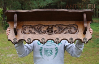 XL! DUŻY! Drewniany wieszak retro z rzeźbieniami i mosiężnymi haczykami – styl dworski