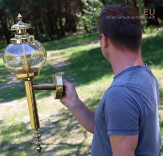 XL! Stylowa lampa mosiężna retro – kinkiet z epoki z unikatowym szklanym kloszem