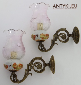 Para kinkietów retro z różowym szkłem – mosiądz i ceramika craquelure z lat 60–70