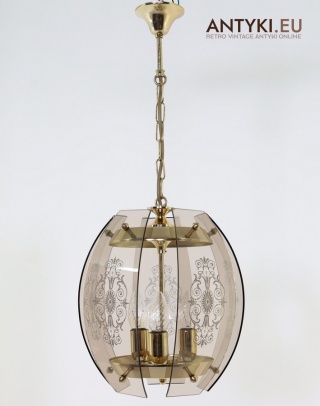 Stylowa lampa wisząca z ornamentami – mosiądz i szkło, vintage